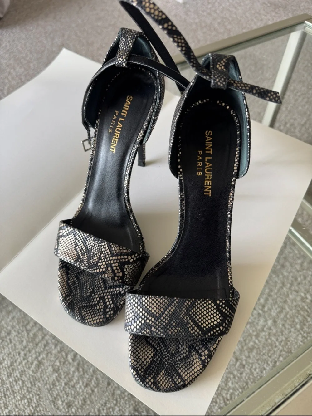 Saint Laurent Black and Silver Snakeskin Ankle-Strap Heels - Picture 6 of 6